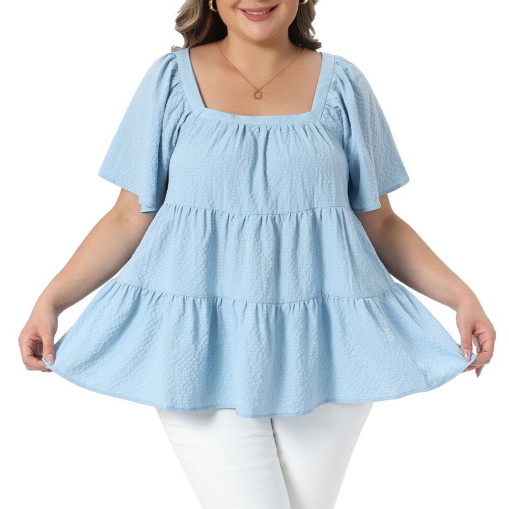 Women Plus Size Summer Tops Square Neck Babydoll Blouse Light Blue